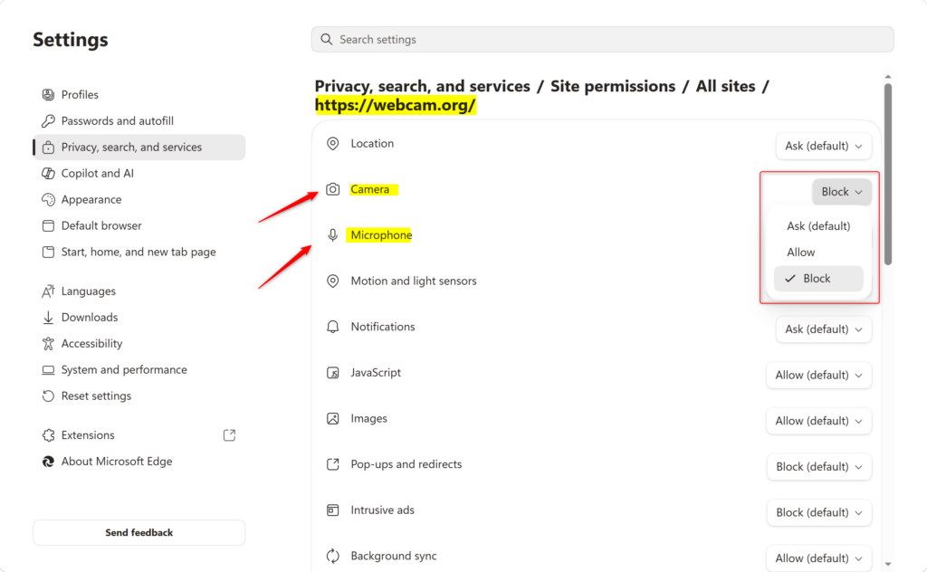 Edge settings to block or allow site camera and microphone access.