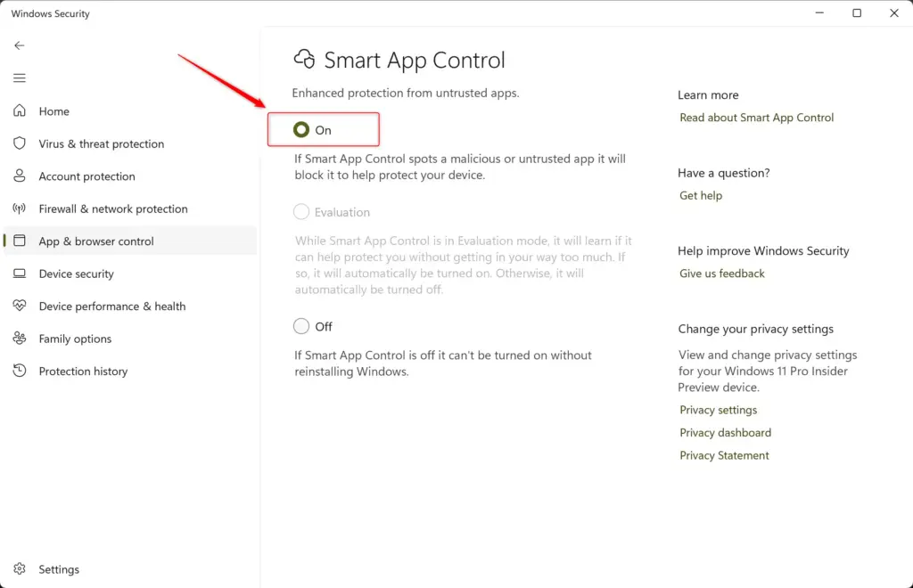 Smart App Control enabled status shown in Windows 11 Security.