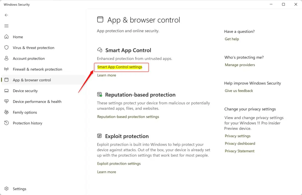 App & Browser Control settings page in Windows Security.