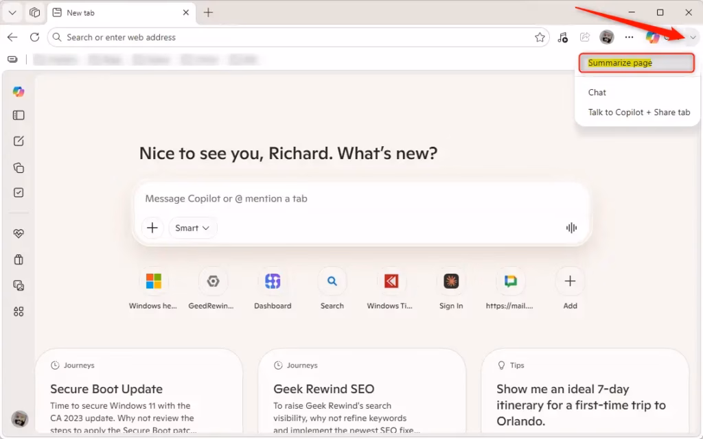 Edge_summarize_page_toolbar.webp Microsoft Edge Copilot summarizing a web page for users.