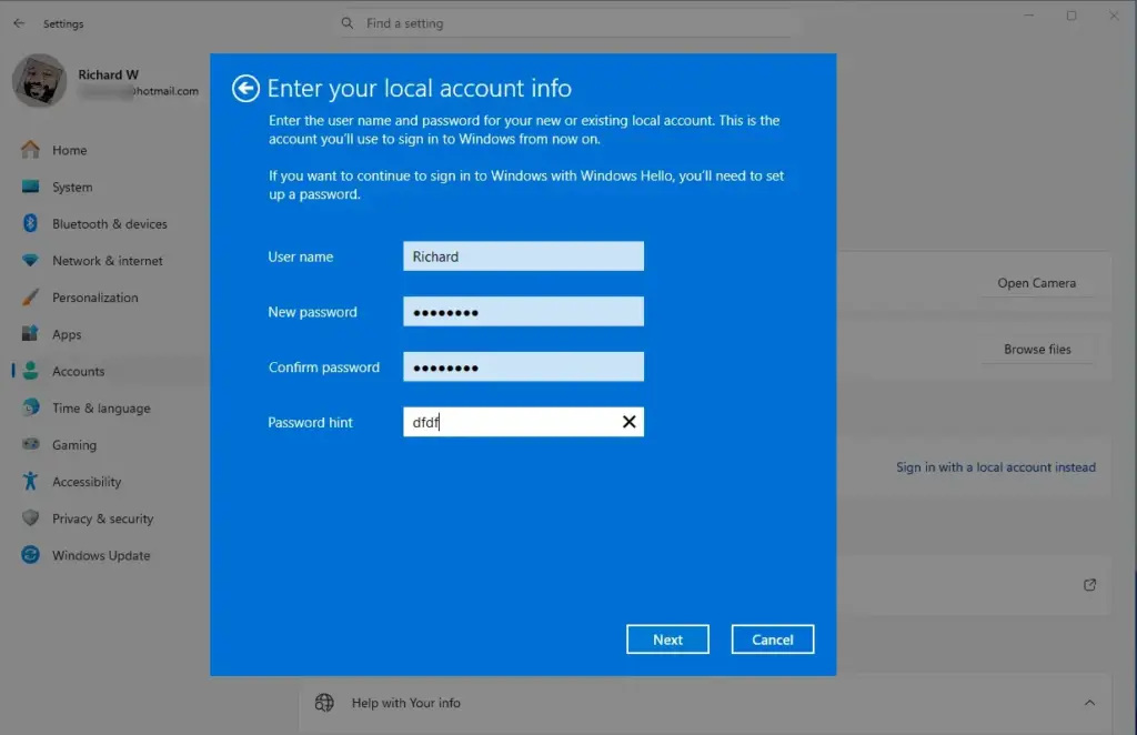 Creating username and password for a new local account in Windows 11.
