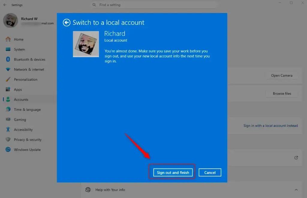 Windows 11 prompts to sign out after switching to a local account.