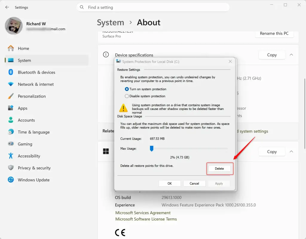 Deleting restore points for a drive in Windows 11.
