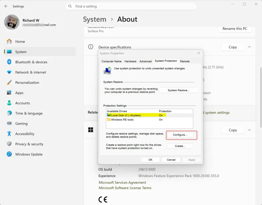 Selecting a drive for System Protection in Windows 11.