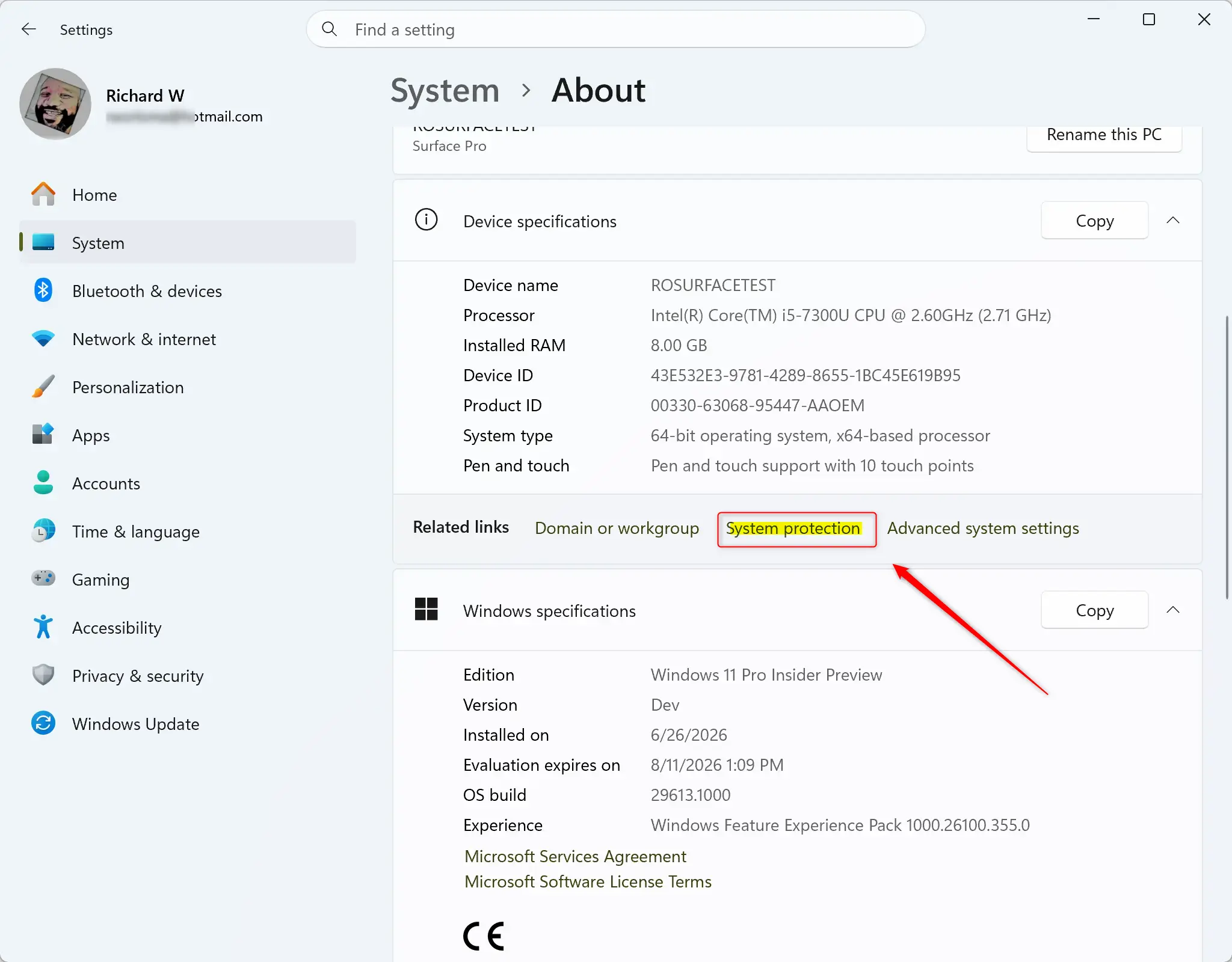 System Protection link in Windows 11 About settings.