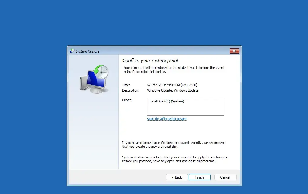 System Restore confirmation screen before finishing.