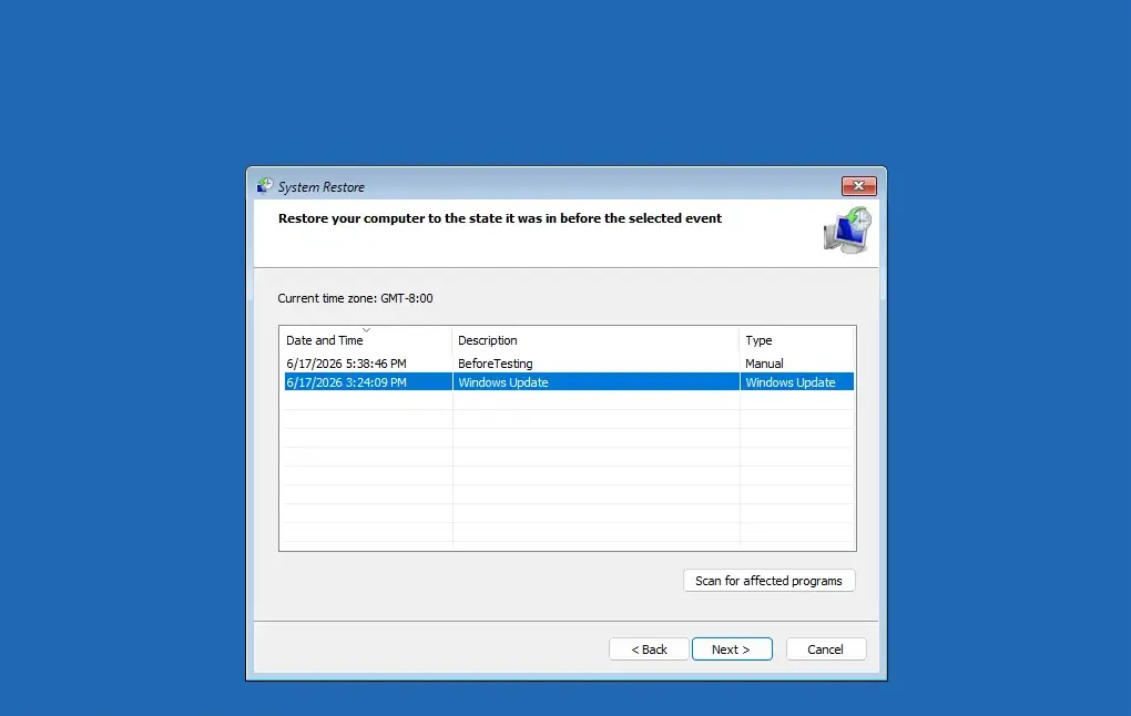 Select a restore point screen in Windows RE.
