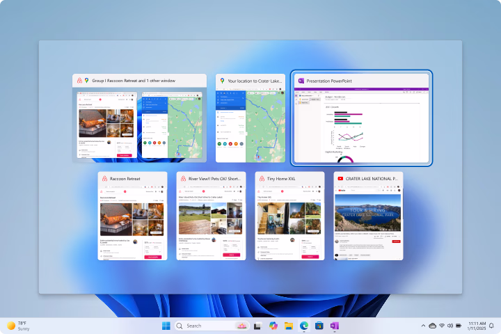 Windows 11 Task View displaying multiple desktop options.