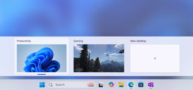 Task View showing multiple desktops in Windows 11.