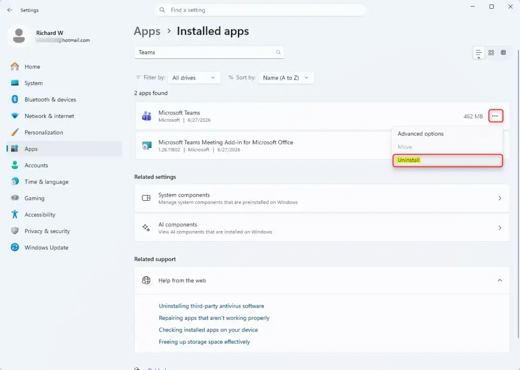 Uninstall Microsoft Teams app from Windows 11 Settings.