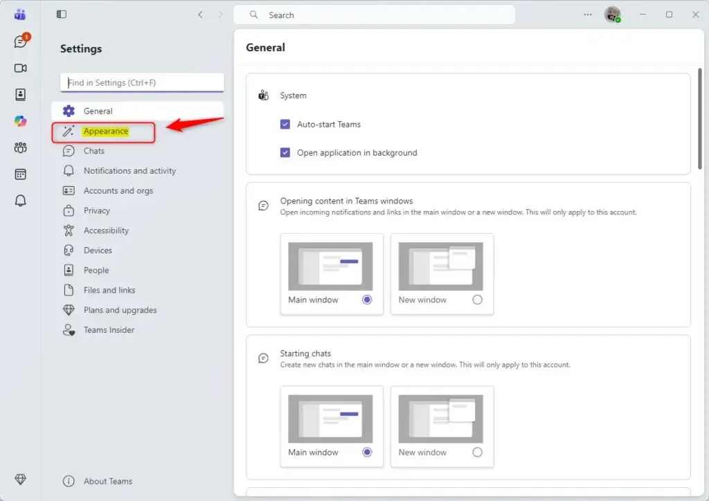Microsoft Teams settings menu showing Appearance option highlighted.