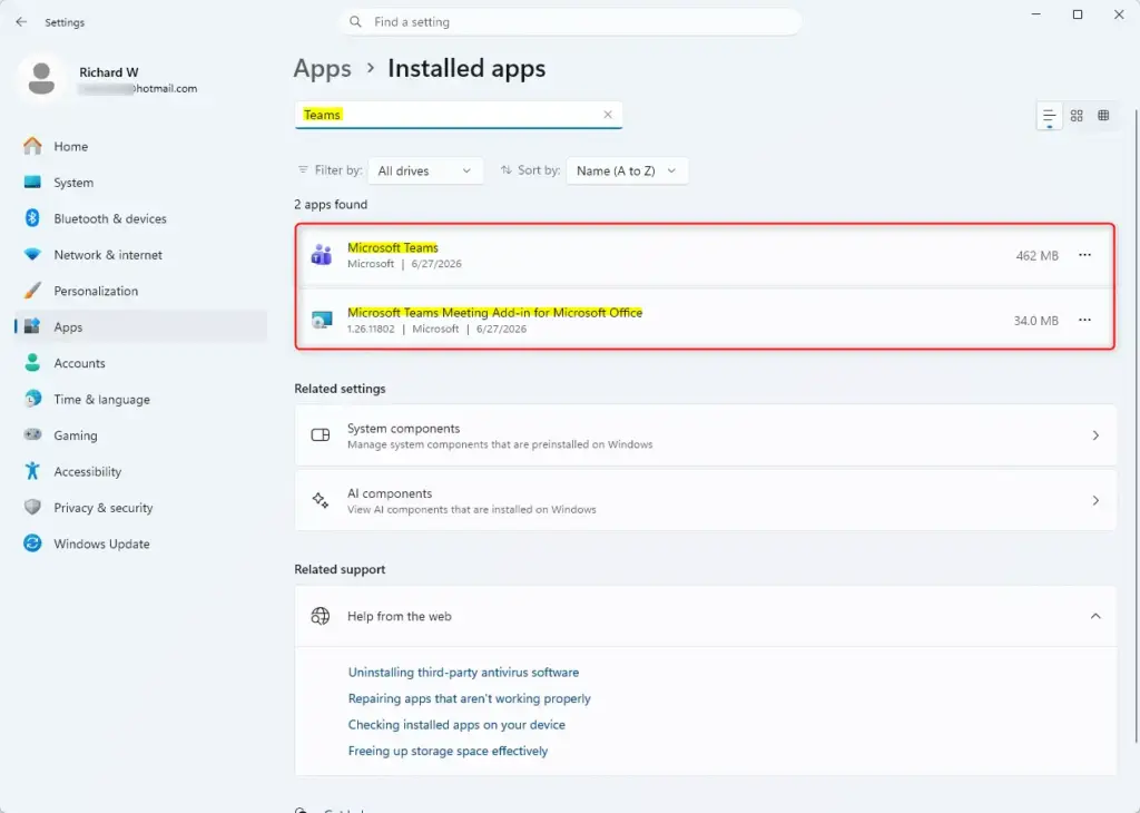 Microsoft Teams app selected for uninstallation in Windows Settings.