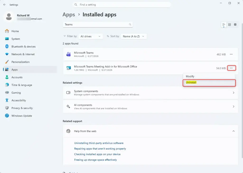 Uninstalling Microsoft Teams support app via Windows Settings.