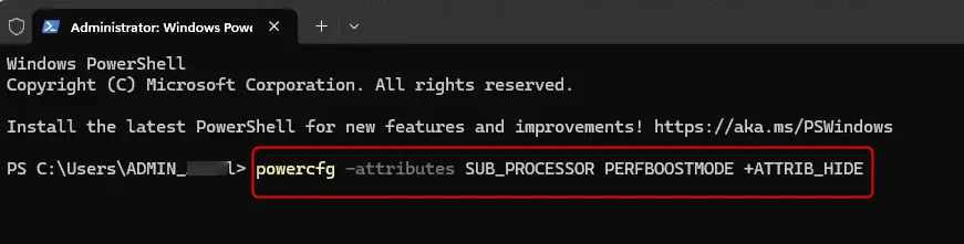 Remove_Processor_performance_boost_mode.webp Windows 11 Terminal displaying command to enable processor performance boost mode.