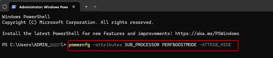 Add_Processor_performance_boost_mode.webp Windows 11 Terminal showing command for processor performance boost mode.