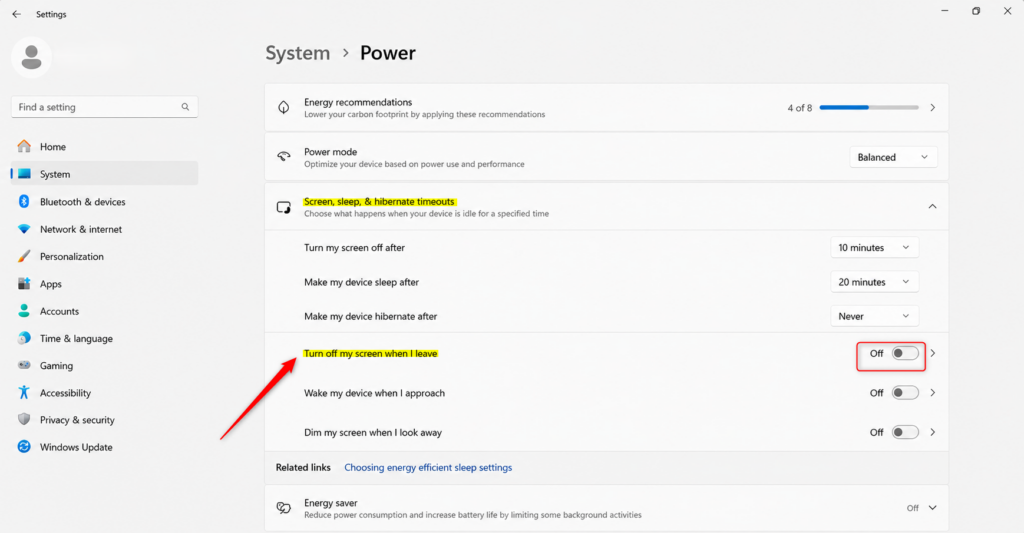 Windows 11 presence sensing setting to automatically turn off screen.