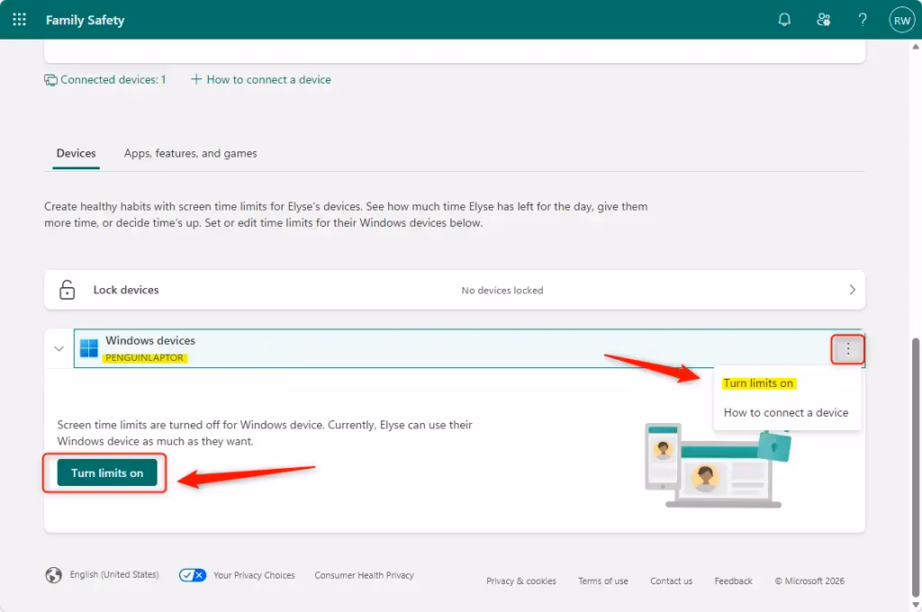 Microsoft Family Safety screen time limits toggle turned on.