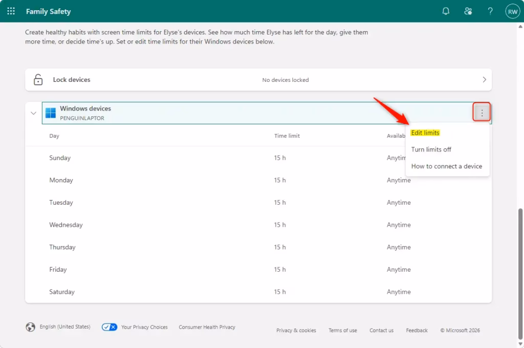 Editing screen time limits for a Windows 11 device.