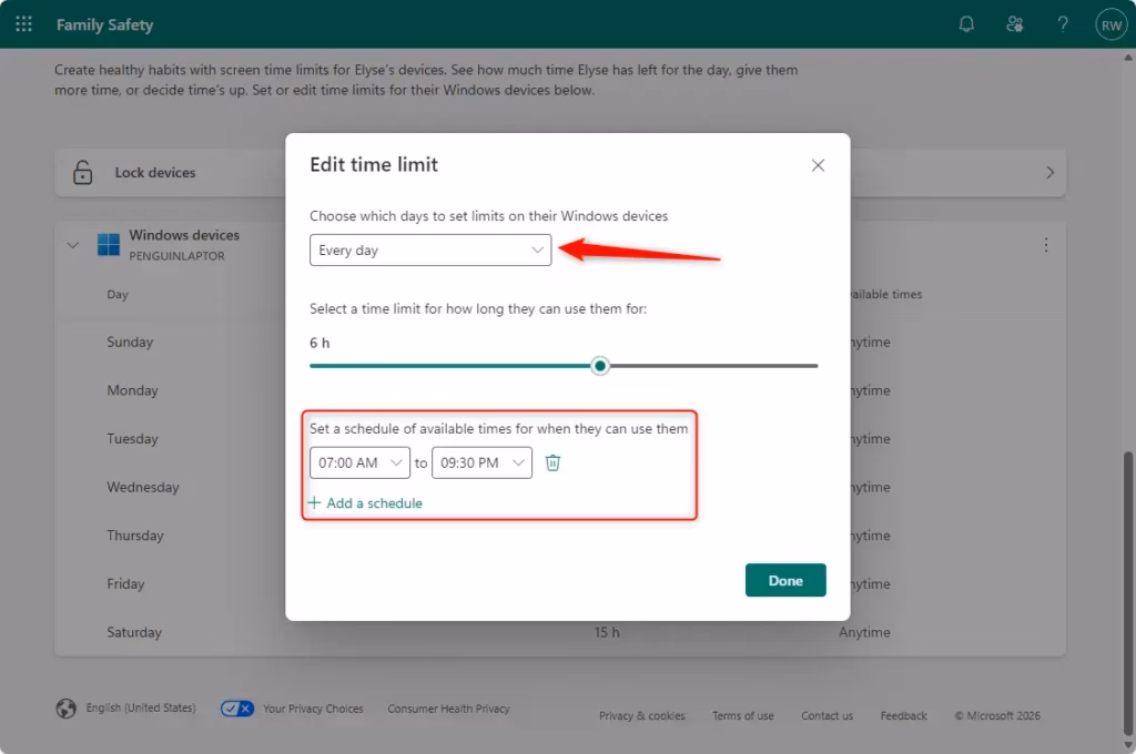 Setting daily screen time limits on Windows 11 Family Safety.