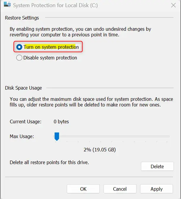 Turn on System Protection options for Windows 11 restore points.