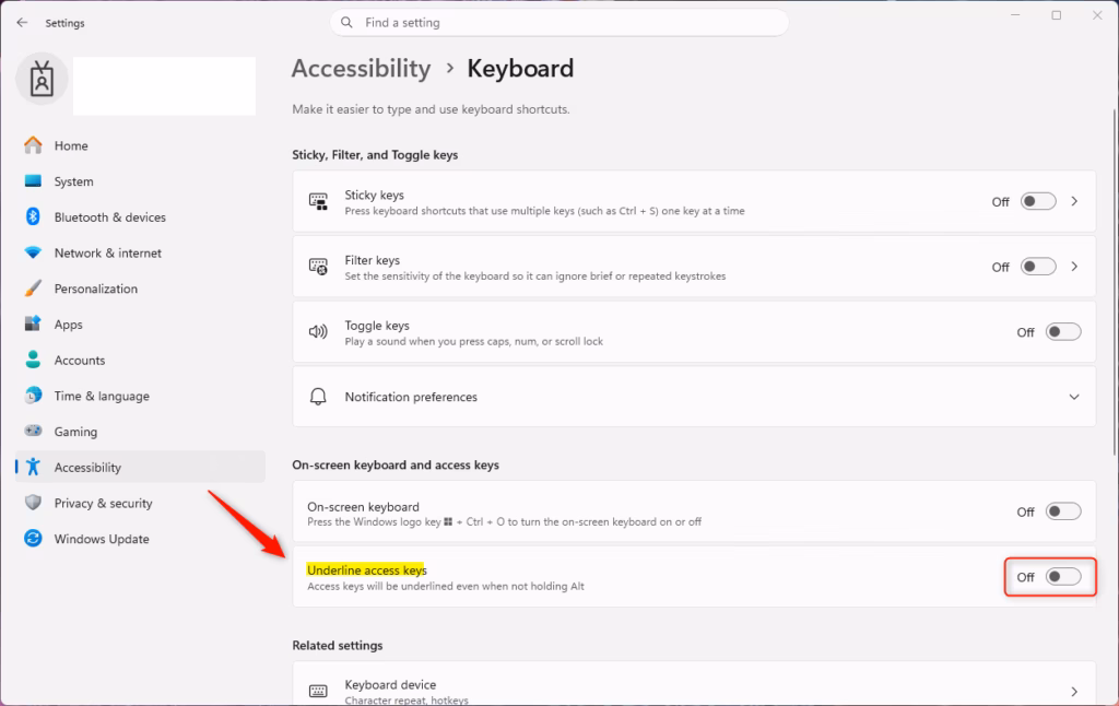 Windows 11 settings for underlining access keys on or off.