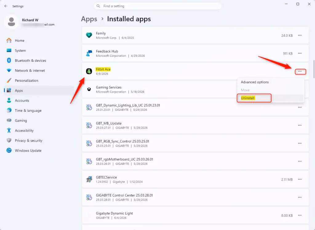 Uninstalling an Android app from Windows settings via Phone Link.