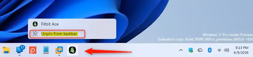 Unpin Android app from Windows taskbar using right-click menu.