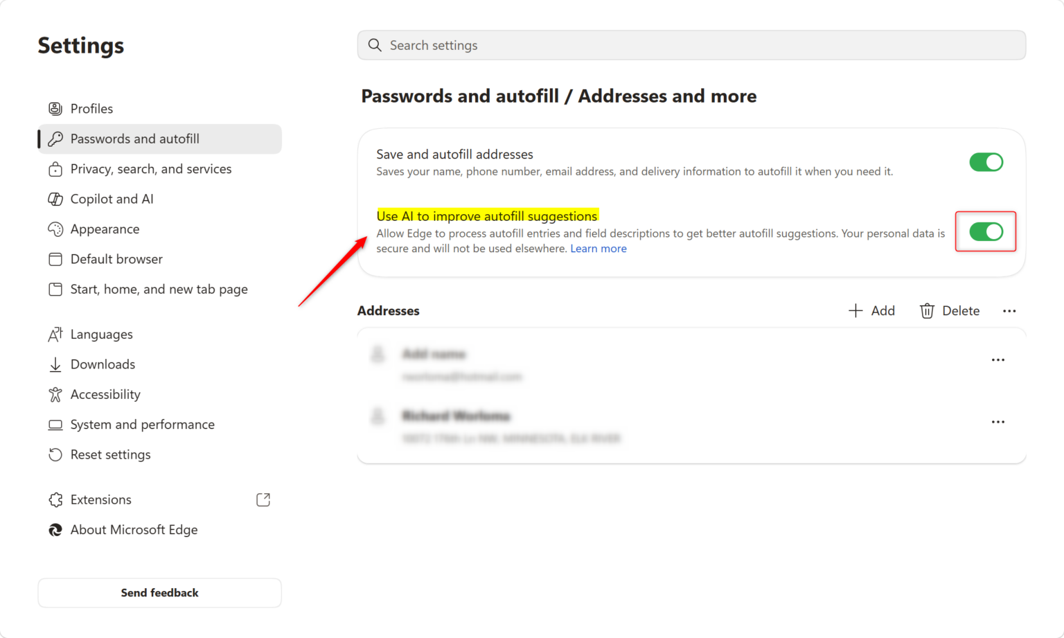 How to turn Use AI to improve autofill suggestions on or off in ...