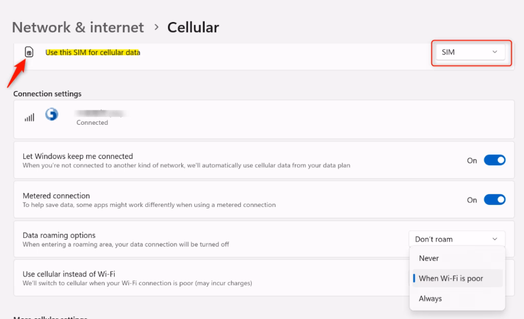 Windows 11 cellular settings showing SIM card selection for data.