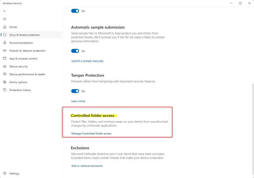 Windows Defender Virus & Threat Protection controlled folder access settings.