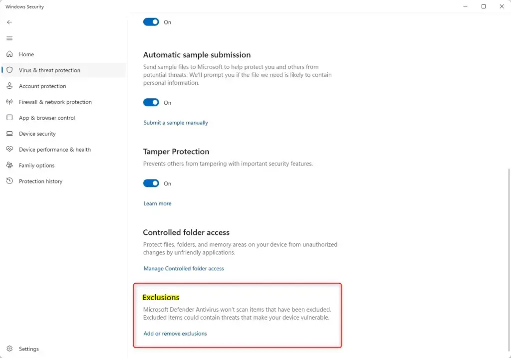 Windows Defender Virus & Threat Protection exclusion settings.