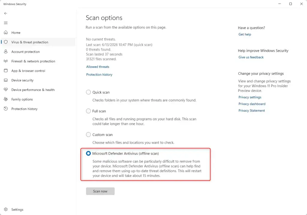 Windows Defender Virus & Threat Protection initiating offline scan.