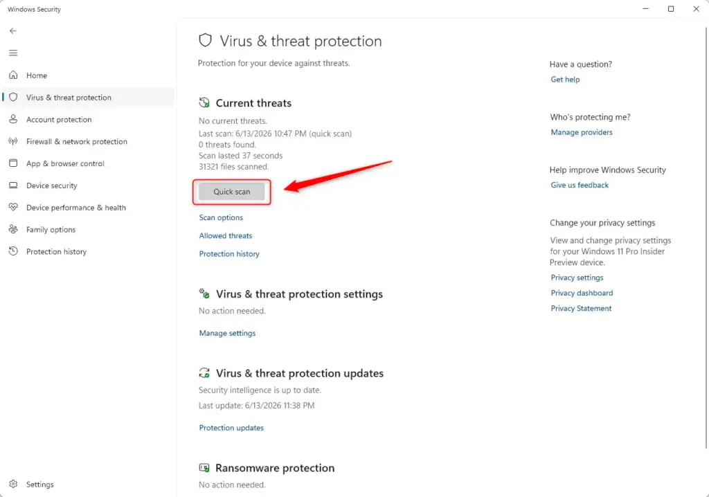 Windows Defender Virus & Threat Protection quick scan initiation.