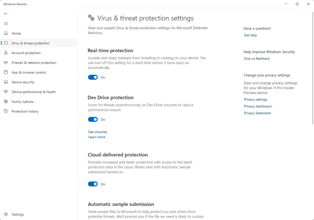Windows Defender Virus & Threat Protection settings interface.