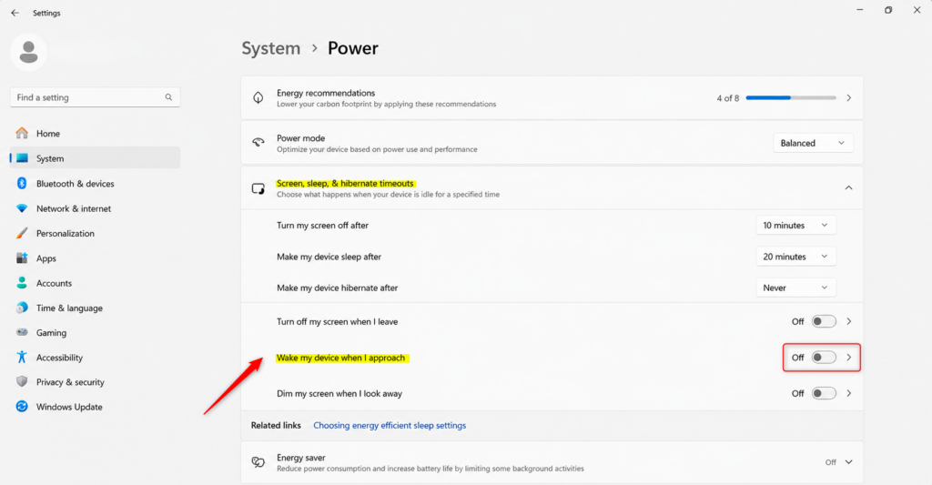 Windows 11 settings screen showing 'Wake my device when I approach' option.