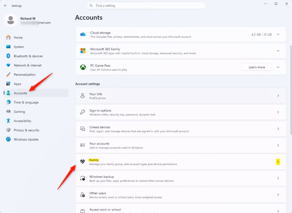 Windows 11 Family settings showing account options for adding a member.