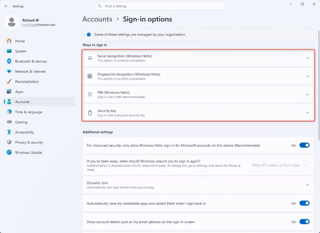 Windows 11 sign-in options for securing user accounts.