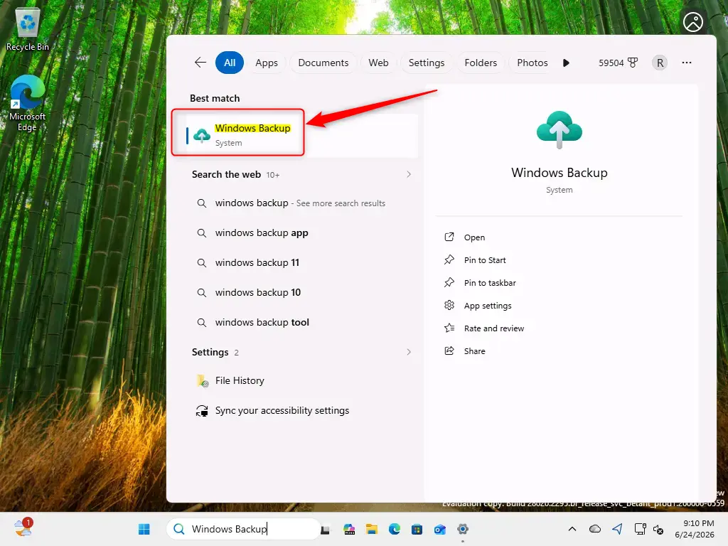 Search for Windows Backup in the Windows 11 Start menu.