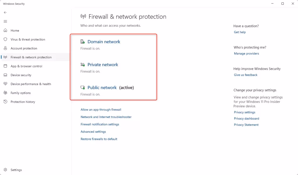Windows Security firewall and network protection settings interface.