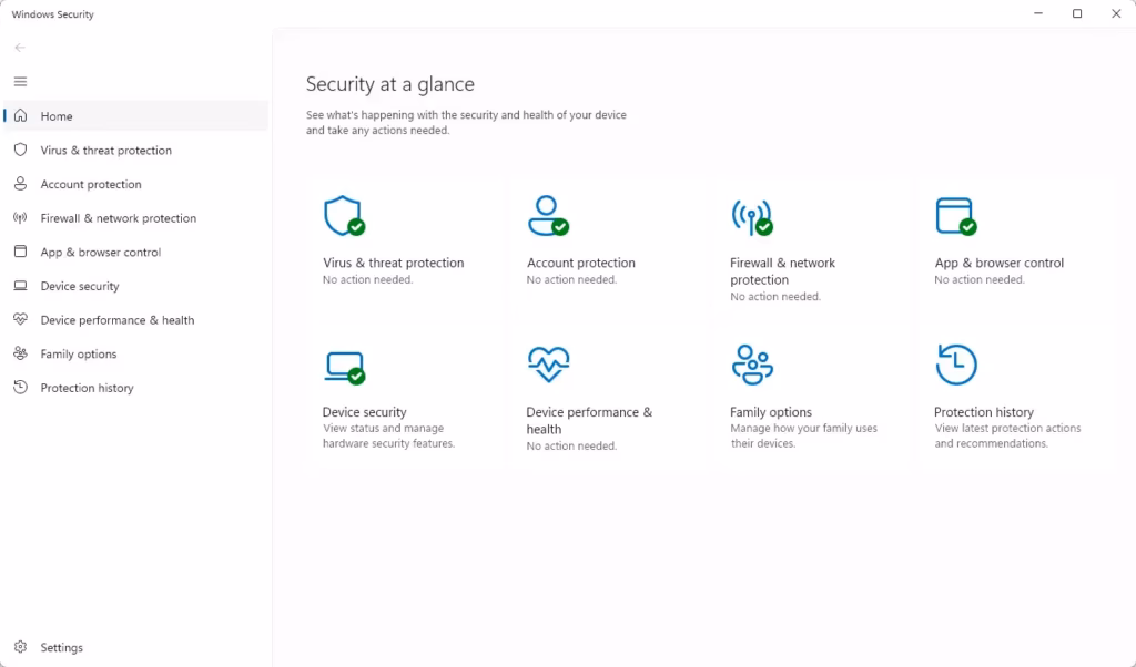 Windows Security dashboard showing an overview of PC protection status.