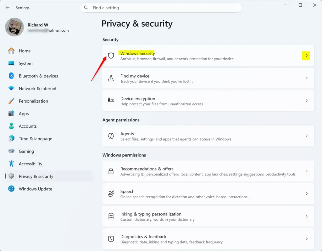 Windows Security app tile highlighted in Windows 11 Settings.