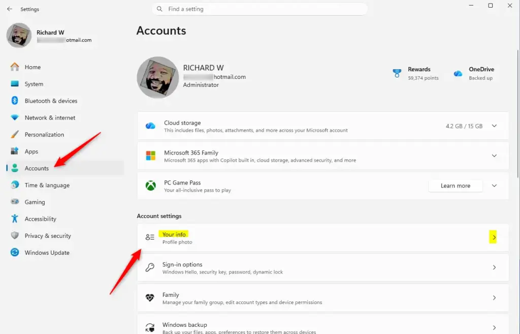 Windows 11 Settings showing the 'Your info' account page.