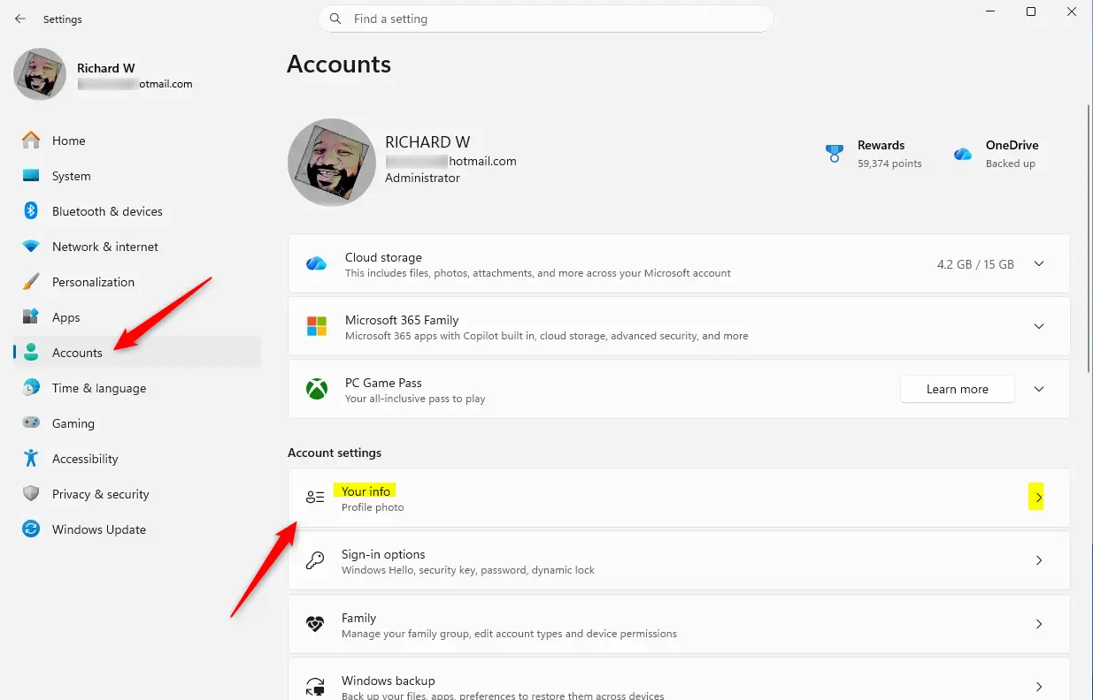 Windows 11 Settings showing the 'Your info' account page.