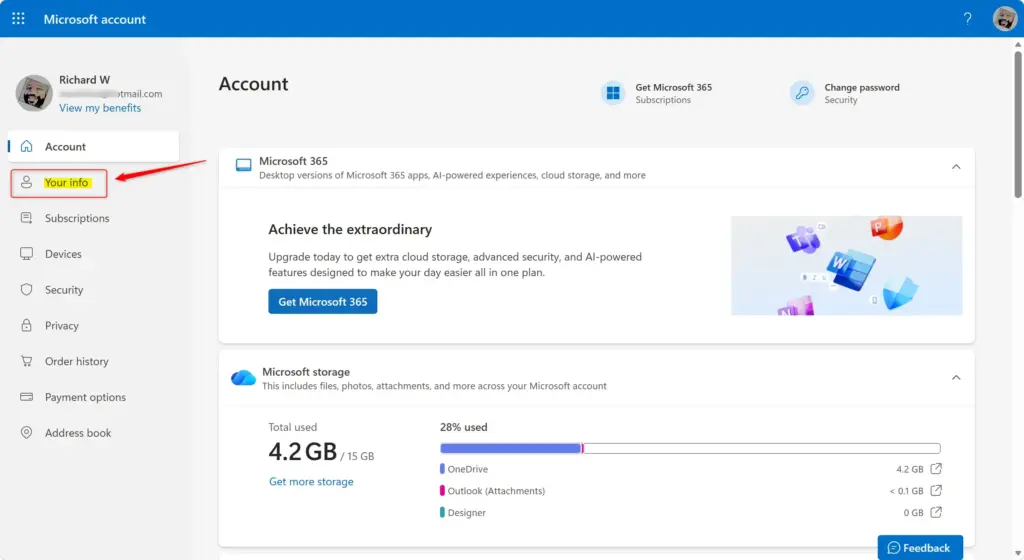 Your info page in the Microsoft account portal showing profile details.