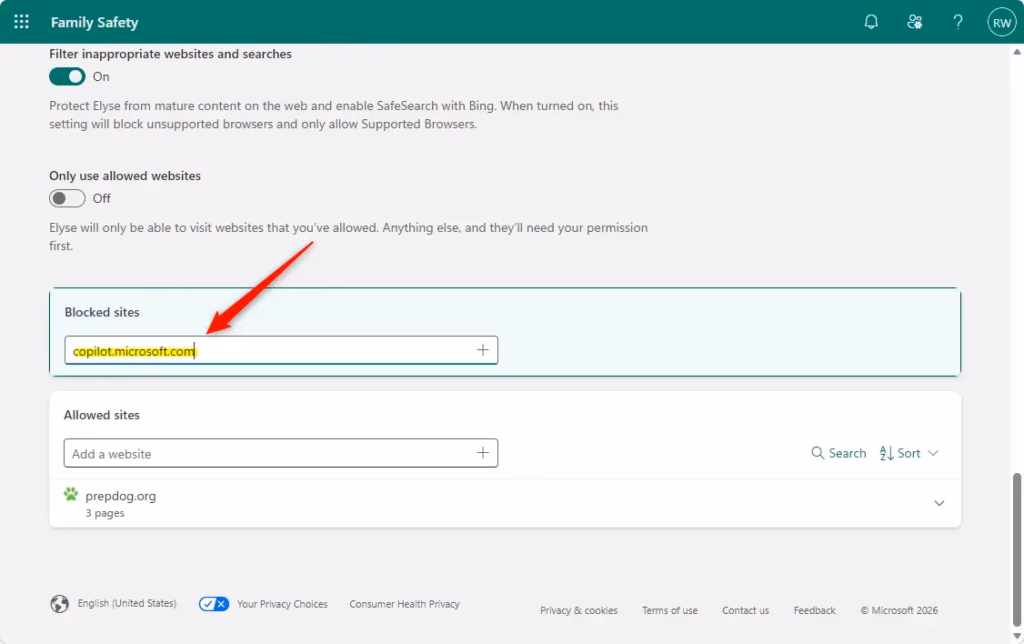 Microsoft Family Safety dashboard showing how to block Copilot.