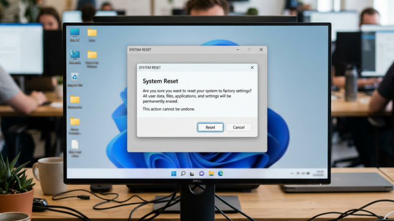 Computer screen showing system reset confirmation dialog with Reset and Cancel options