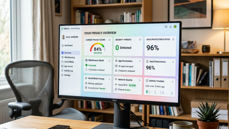 Computer monitor displaying a home privacy overview dashboard with privacy score, security threats, and data protection status