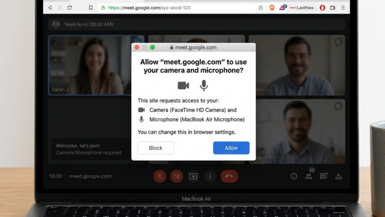 Permission dialog asking to allow meet.google.com to use camera and microphone