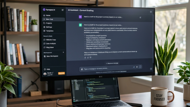 Workspace with dual monitor setup showing AI assistant software and laptop coding interface