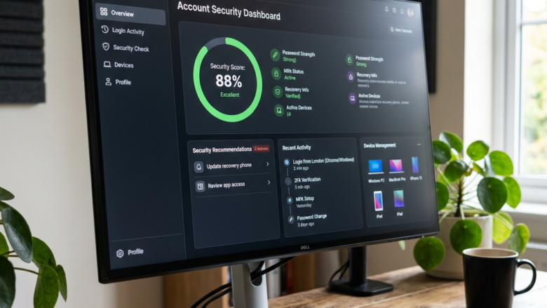 Computer monitor showing account security dashboard with 88% security score and recent activity